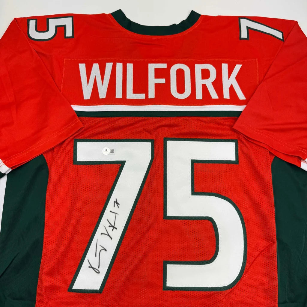 Autographed Vince Wilfork Miami Orange College Football Jersey Beckett BAS COA | Certified Authentic Signed Memorabilia | vintageantiquesgifts.com