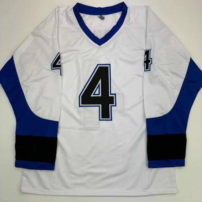 White hockey jersey with blue trim and number 4 from Rare LECAVALIER 2004 Champs sports league