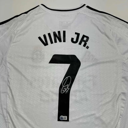 Autographed Vini Vinicius Jr. #7 Real Madrid White Soccer Jersey Beckett BAS COA | Certified Authentic Signed Memorabilia | vintageantiquesgifts.com