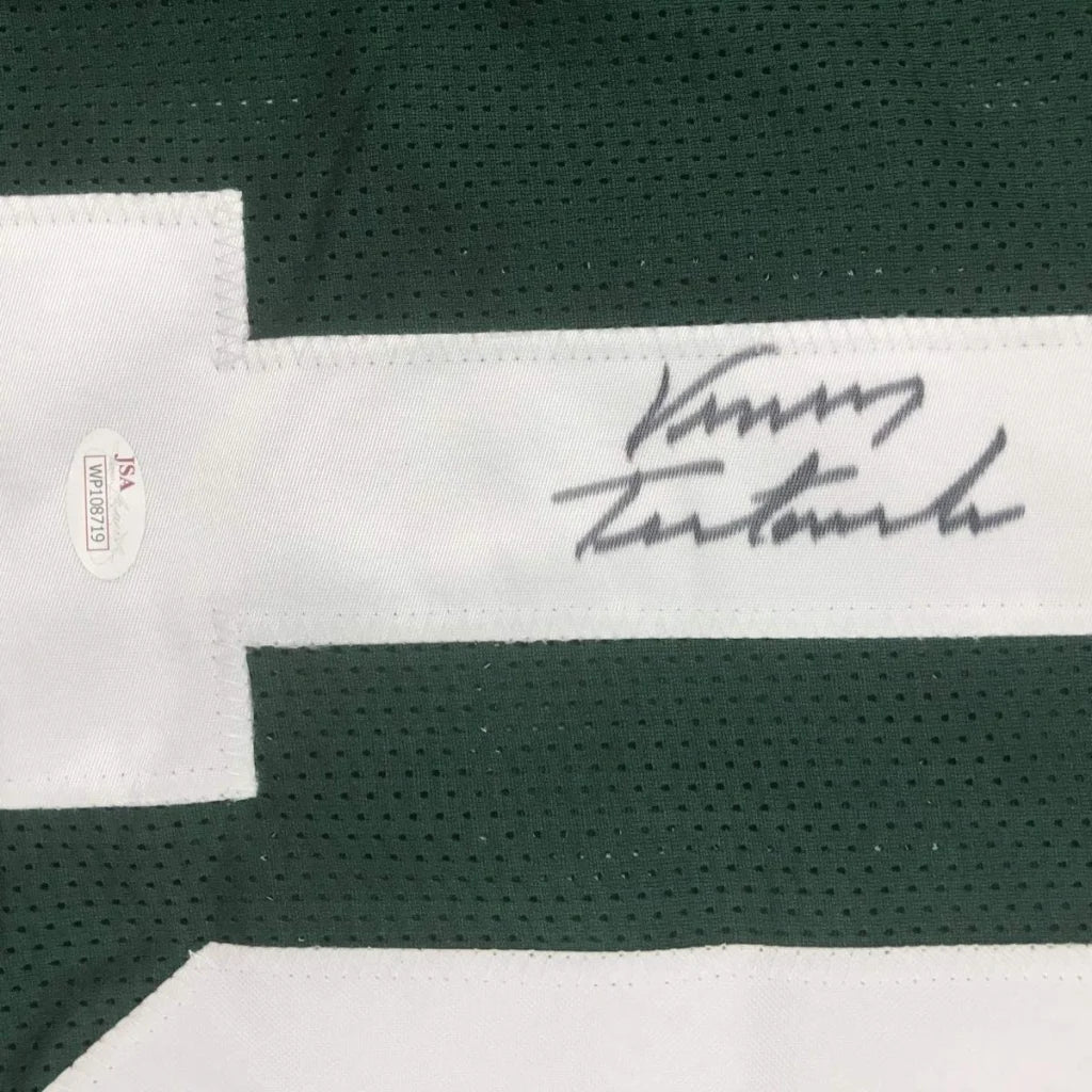 Autographed green and white Vinny Testaverde custom jersey with JSA authentication for professional sports fans