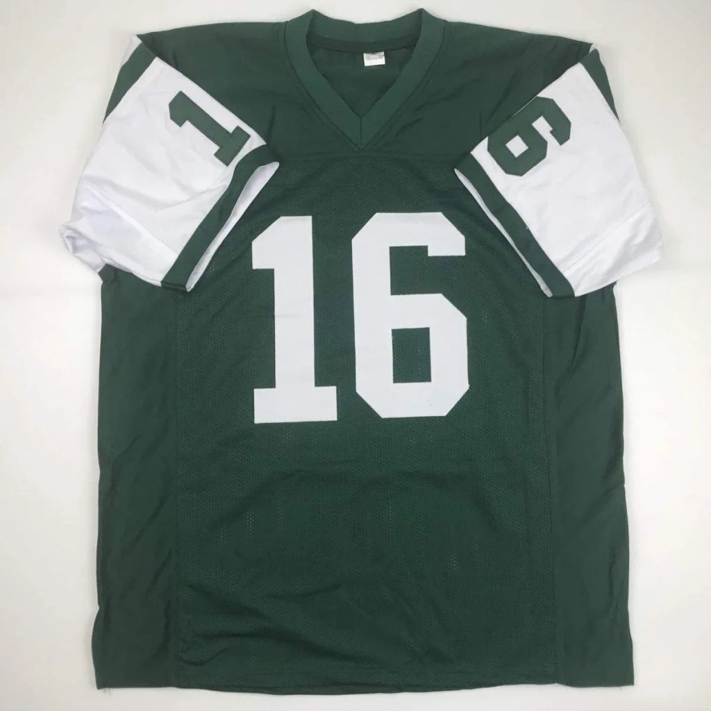 Dark green Vinny Testaverde custom jersey with white sleeves and number 16 for pro sports fans