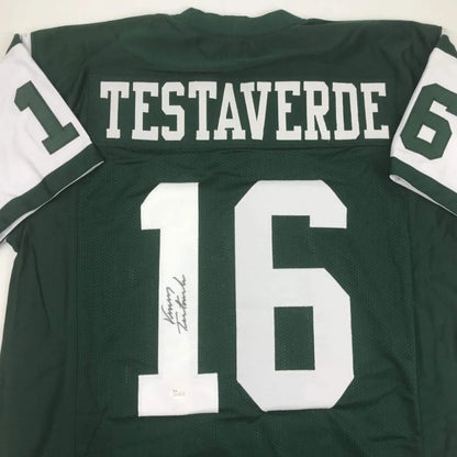 Autographed Vinny Testaverde New York Green Football Jersey JSA COA | Certified Authentic Signed Memorabilia | vintageantiquesgifts.com