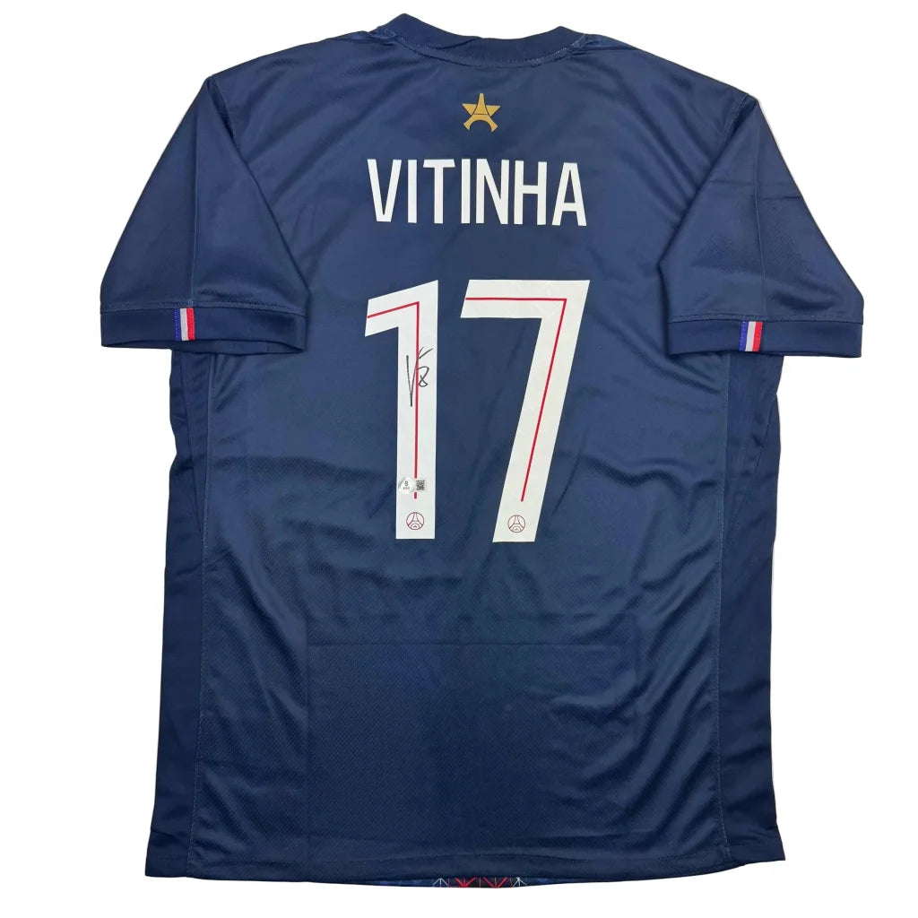Autographed Vitinha PSG navy blue jersey back, number 17, gold star, BAS COA