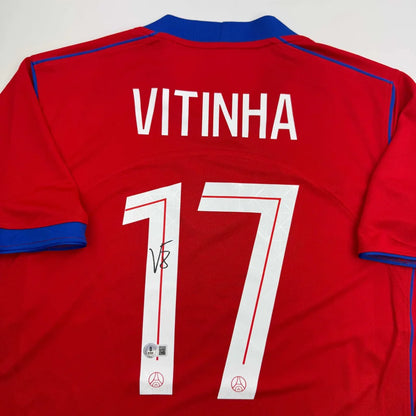 Autographed Vitinha PSG Paris Saint Germain Red Soccer Futbol Jersey Beckett BAS COA | Certified Authentic Signed Memorabilia | vintageantiquesgifts.com