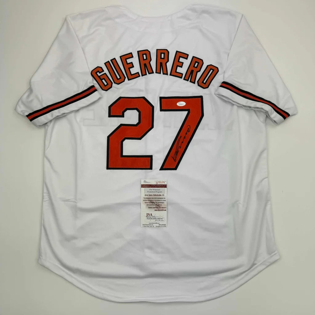 Autographed Vladimir Guerrero Baltimore White Baseball Jersey JSA COA | Hall of Fame Sports Memorabilia | vintageantiquesgifts.com