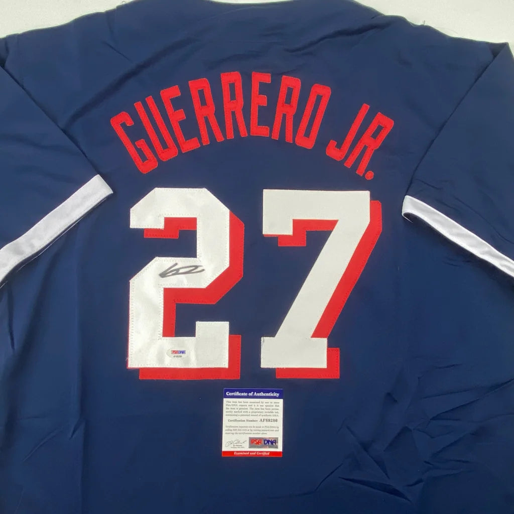 Autographed Vladimir Guerrero Jr. 2021 All-Star custom jersey in navy blue with red and white lettering, number 27, PSA/DNA COA, professional sports league