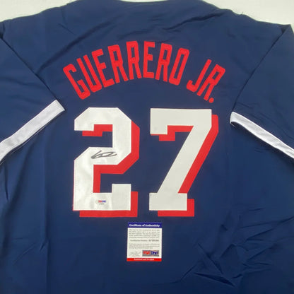 Autographed Vladimir Guerrero Jr. 2021 All-Star custom jersey in navy blue with red and white lettering, number 27, PSA/DNA COA, professional sports league