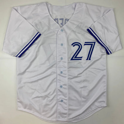 White Guerrero Jr Custom Jersey with blue trim, perfect for professional sports league fans