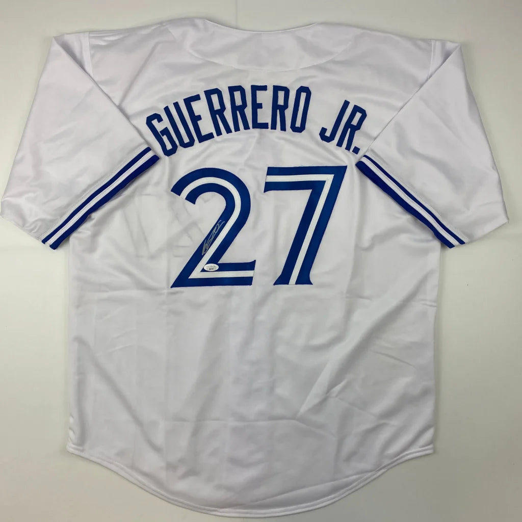 White Guerrero Jr custom jersey with 27 in blue for professional sports league fans