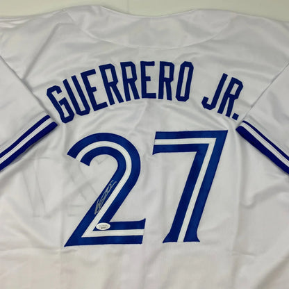 White baseball jersey with blue trim and numerals from Guerrero Jr Custom Jersey for professional sports league
