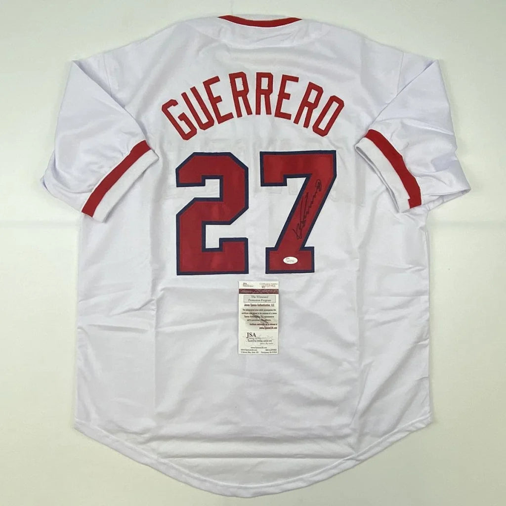 Autographed Vladimir Guerrero white custom jersey with red lettering, number 27