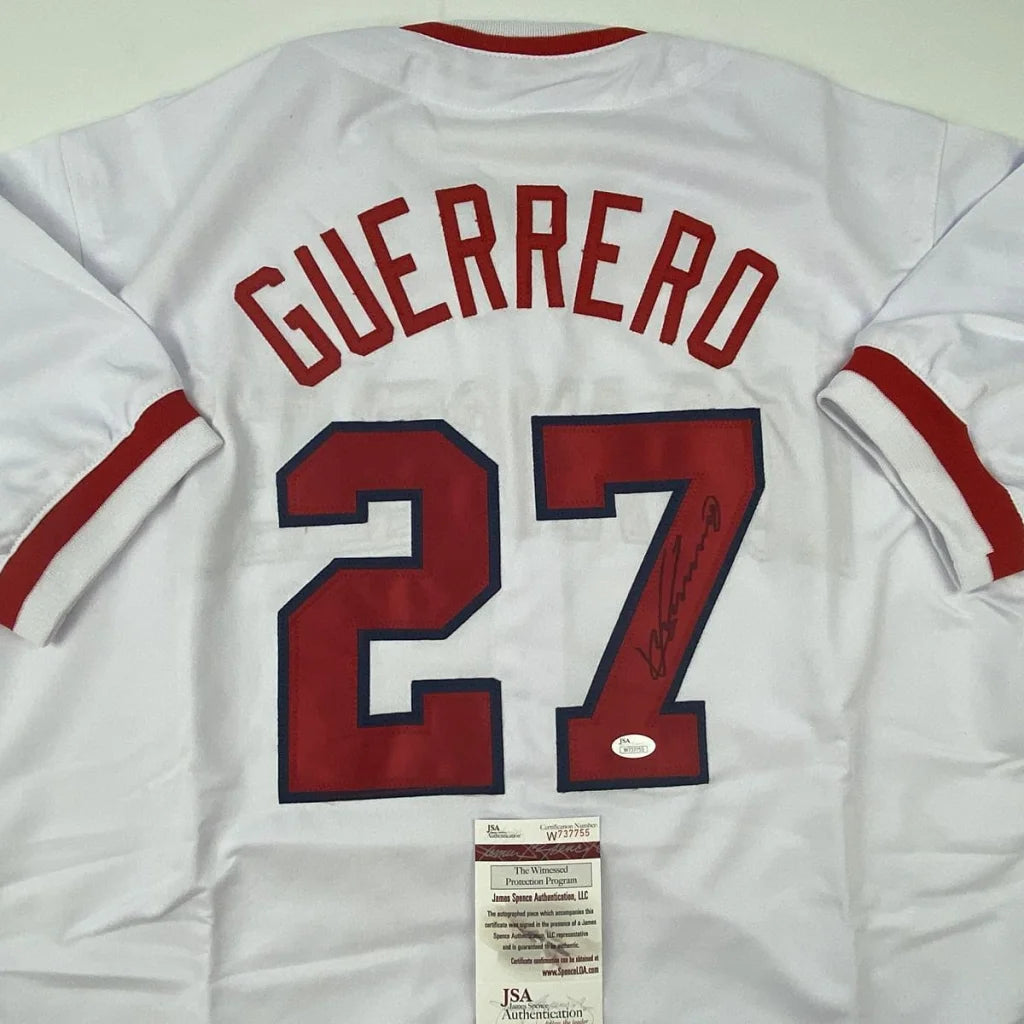 Autographed Vladimir Guerrero custom jersey, white with red and navy lettering, number 27, JSA COA