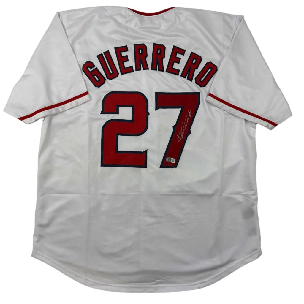 White custom jersey with red lettering and signature, perfect for professional sports fans
