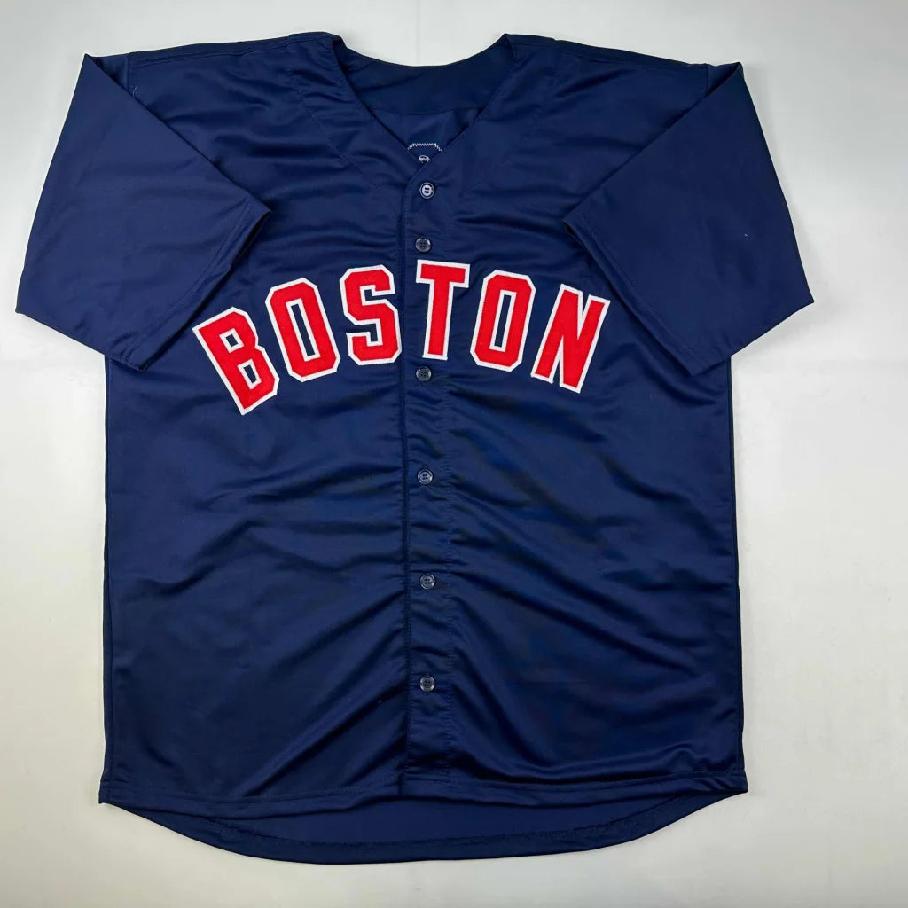 Navy blue Wade Boggs custom jersey from professional sports league with BOSTON in red
