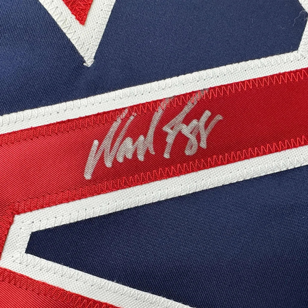 Autographed Wade Boggs custom jersey from professional sports league with red, white, blue design