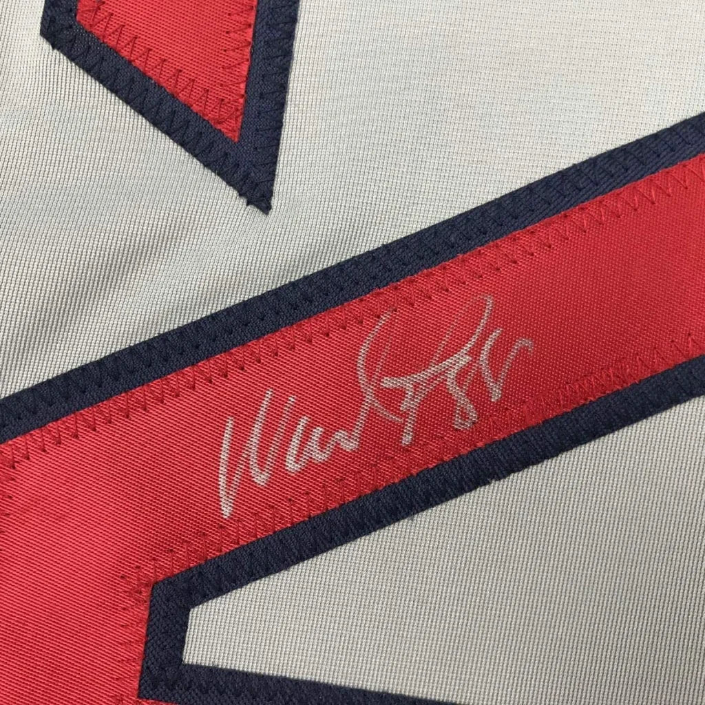 White sports jersey with red and navy trim, silver autograph, Wade Boggs Boston style