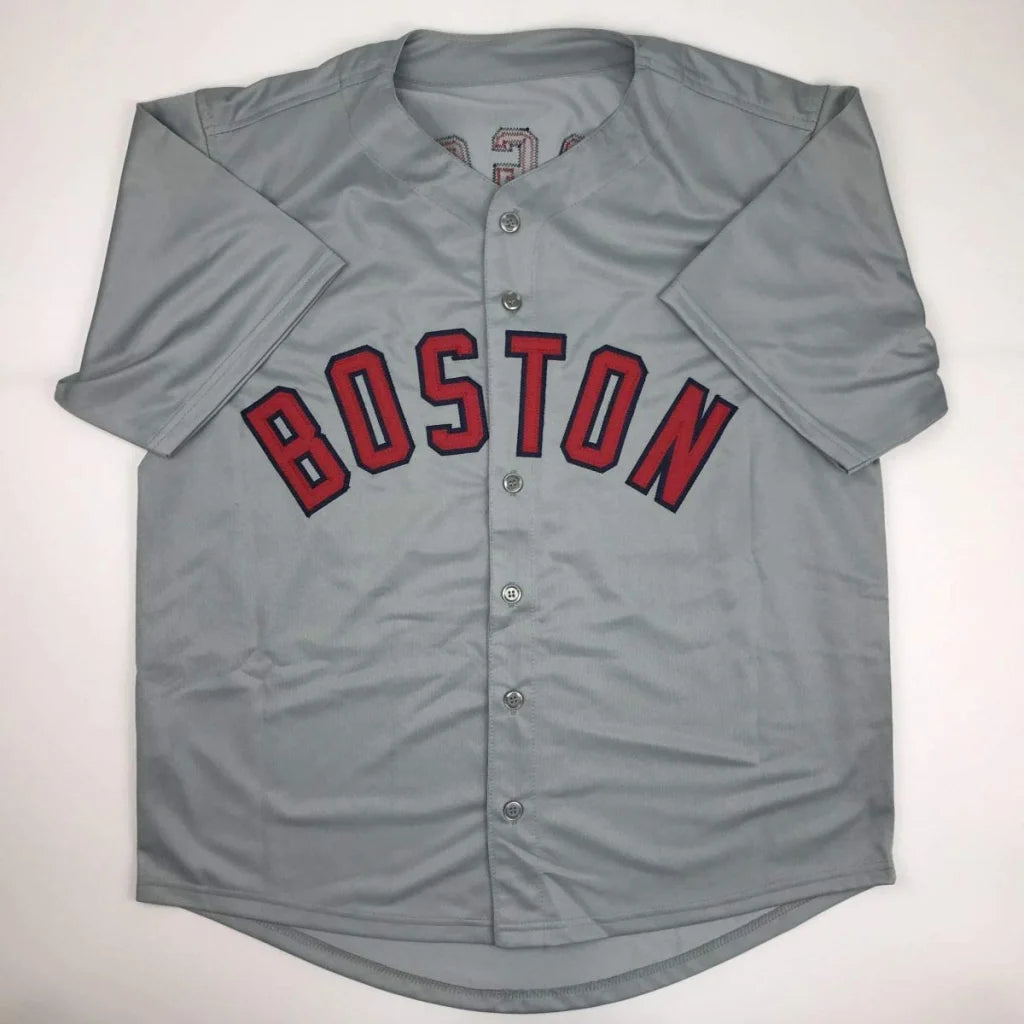 Gray short-sleeved baseball jersey with red BOSTON lettering from Wade Boggs Boston professional sports gear