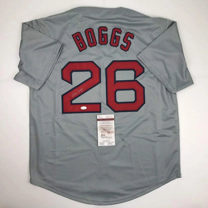 Gray Wade Boggs Boston jersey with signature, PSA sticker, perfect for pro sports fans