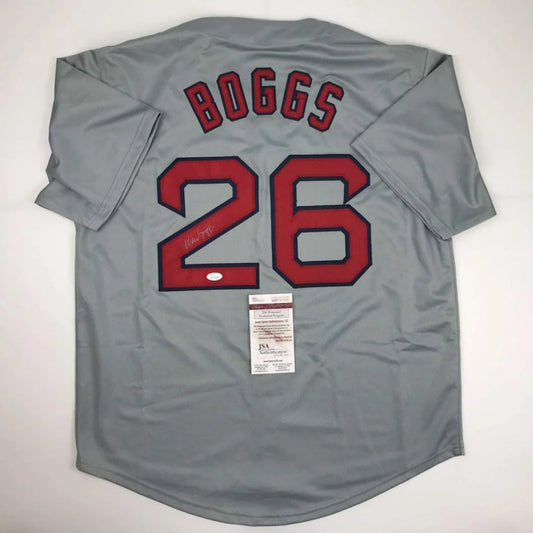 Gray Wade Boggs Boston jersey with signature, PSA sticker, perfect for pro sports fans
