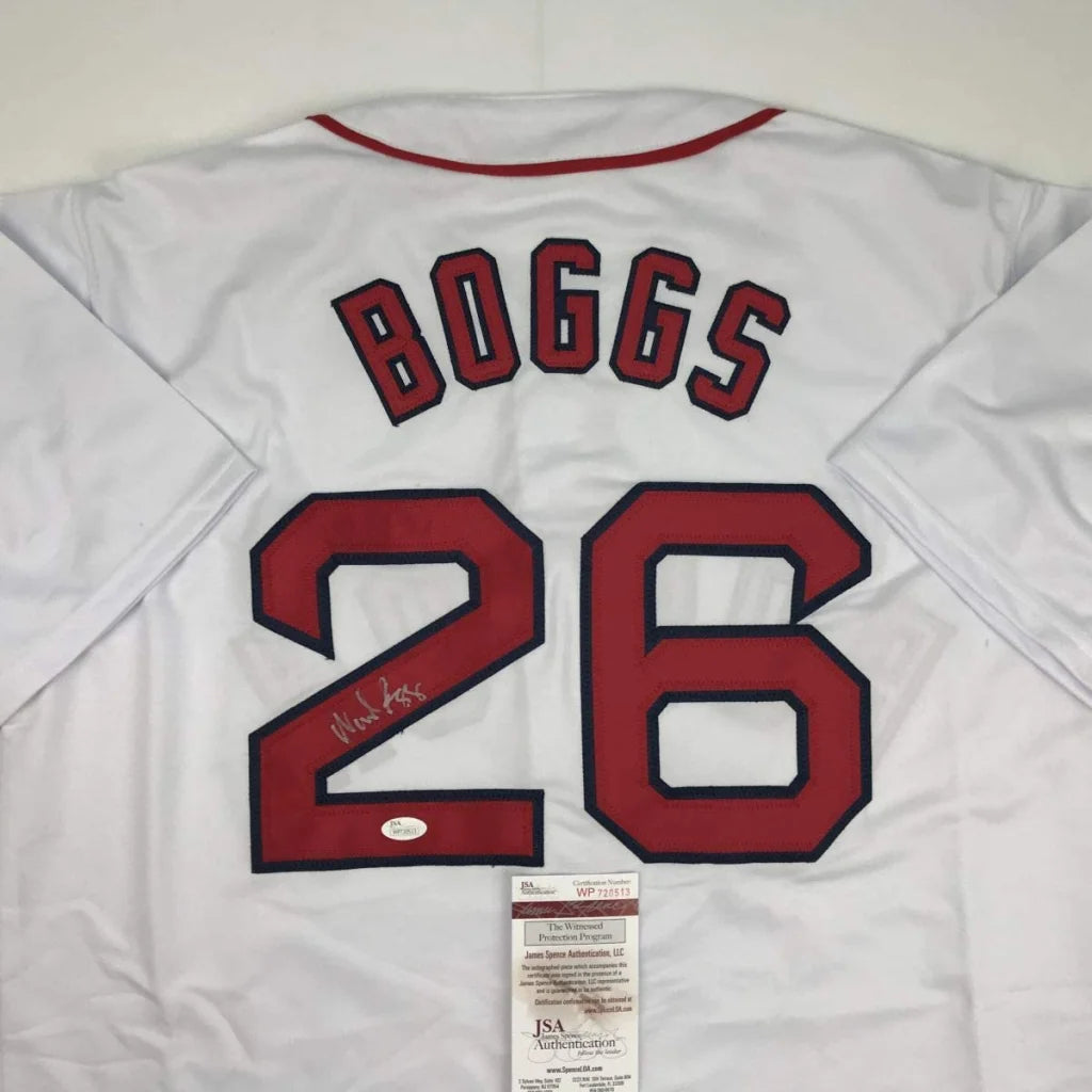 White Wade Boggs Boston autographed jersey with 26 and JSA COA for fans
