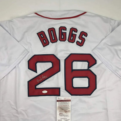 White Wade Boggs Boston autographed jersey with 26 and JSA COA for fans
