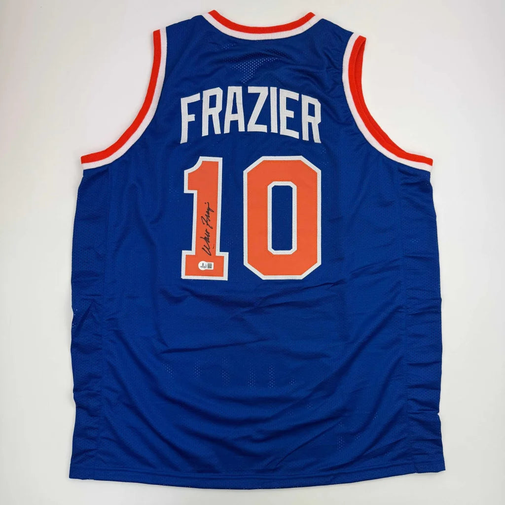 Autographed Walt Frazier custom New York Knicks blue jersey with number 10