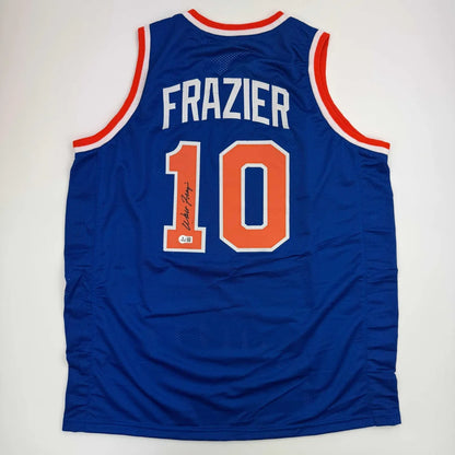Autographed Walt Frazier custom New York Knicks blue jersey with number 10