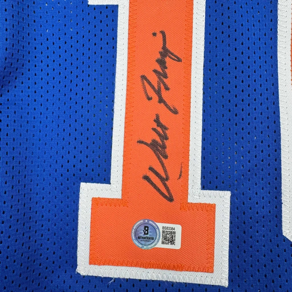 Autographed Walt Frazier New York Knicks blue custom jersey with orange mesh and white i logo, PSA/DNA COA