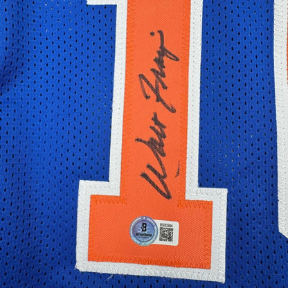 Autographed Walt Frazier New York Knicks blue custom jersey with orange mesh and white i logo, PSA/DNA COA