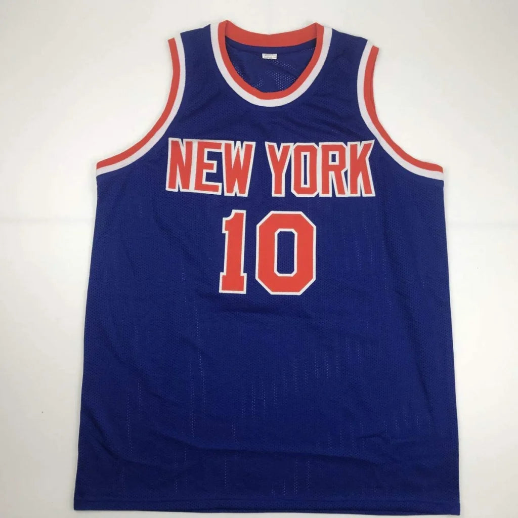 Autographed Walt Frazier custom New York Knicks blue jersey, number 10, PSA/DNA COA