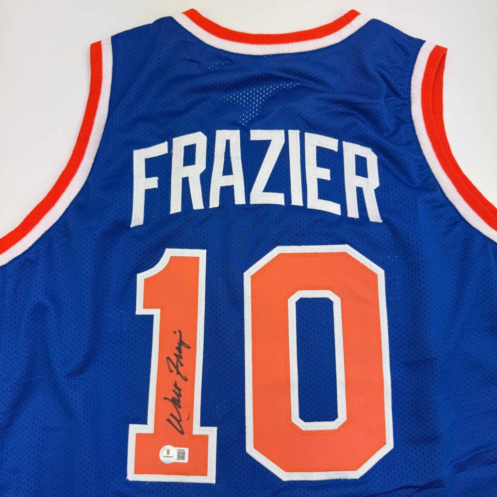 Autographed Walt Frazier custom New York Knicks blue basketball jersey with number 10