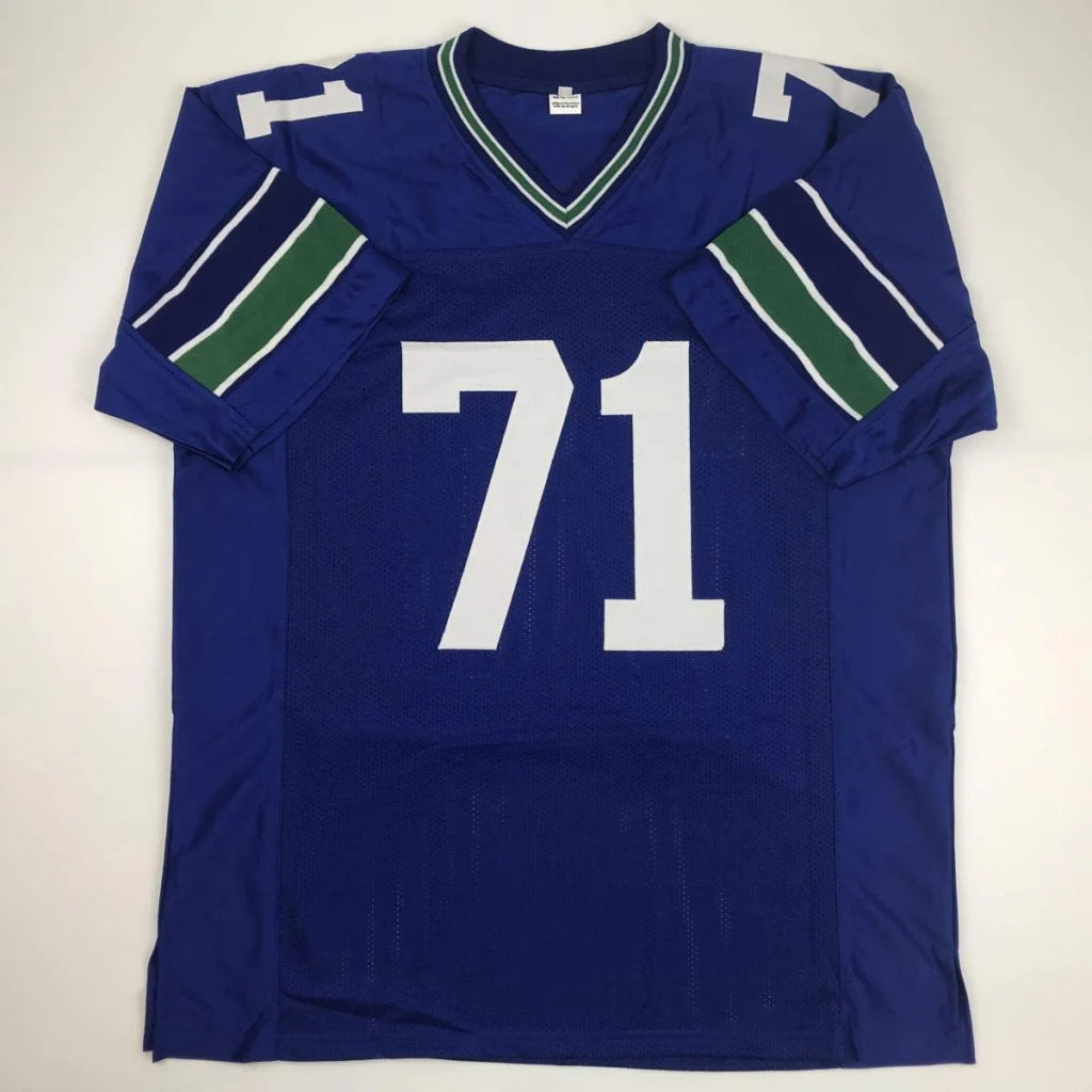 Blue Walter Jones HOF custom jersey with white 71 and green sleeve stripes