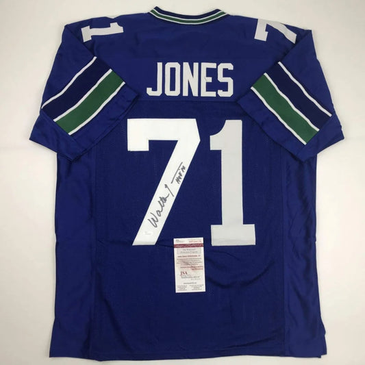 Blue Walter Jones HOF custom jersey with white lettering and autograph
