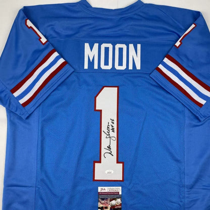 Warren Moon HOF signed Houston blue jersey with JSA COA and Moon autograph