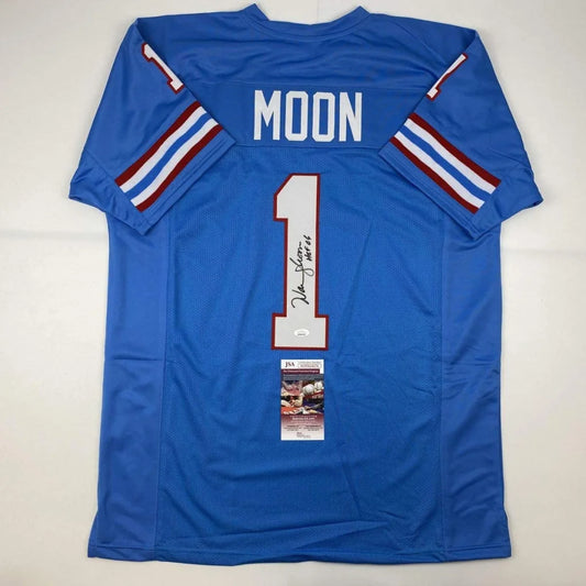 Light blue Warren Moon HOF Houston Jersey signed with JSA COA on the back