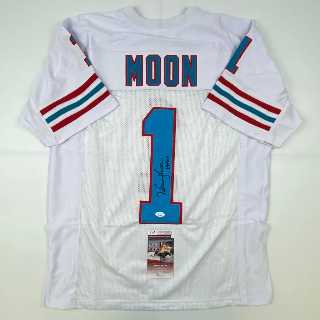Autographed Warren Moon HOF custom white Houston jersey back, number 1