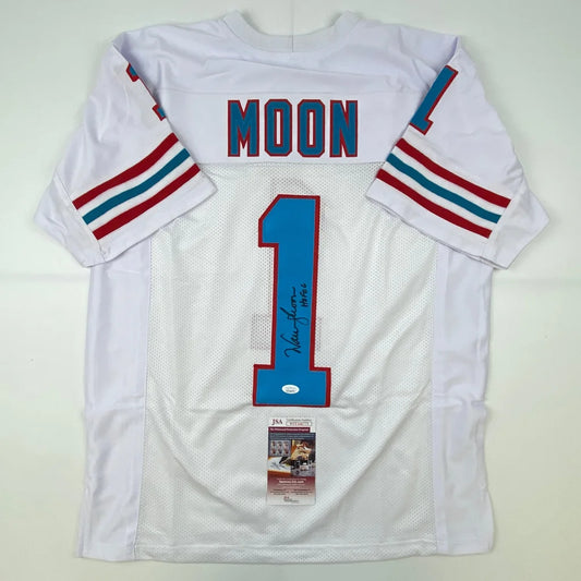 Autographed Warren Moon HOF custom white Houston jersey back, number 1