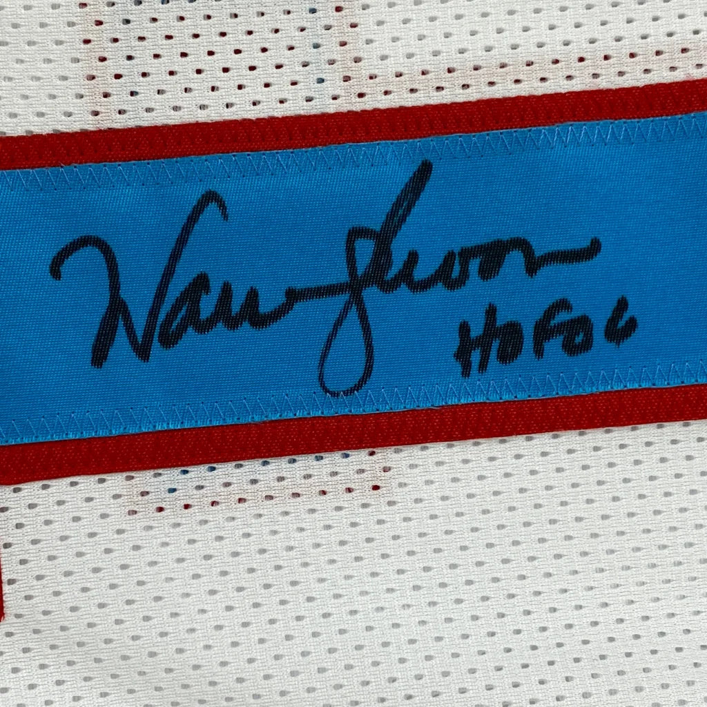 Warren Moon signed custom jersey blue strip on Houston white HOF pro sports jersey