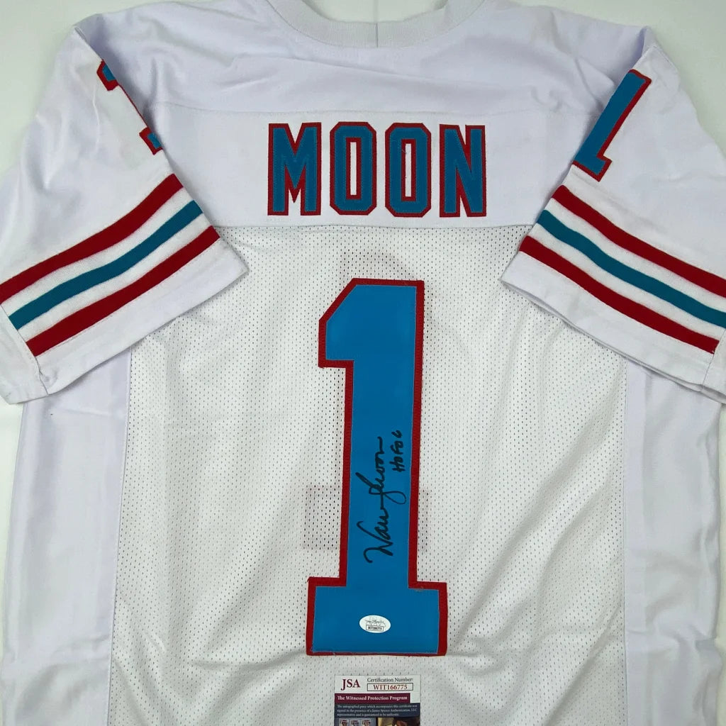 Autographed Warren Moon HOF custom white Houston jersey back, number 1, JSA COA
