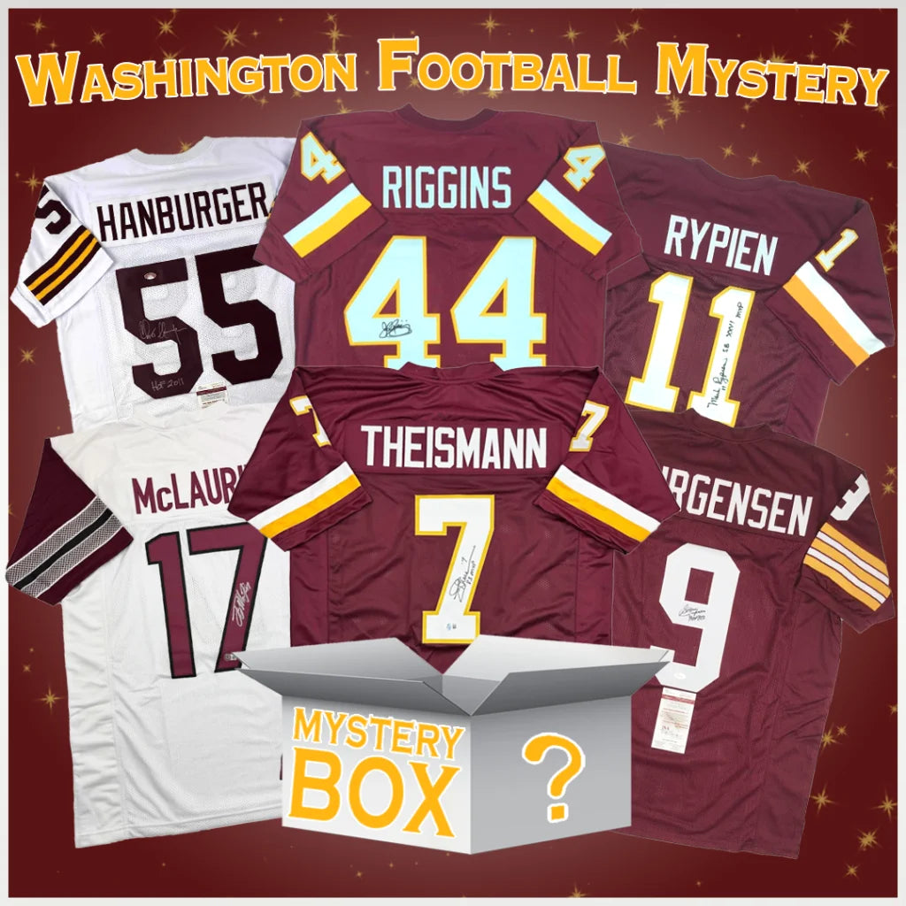 Autographed Washington football jerseys in maroon and white with gold numbering