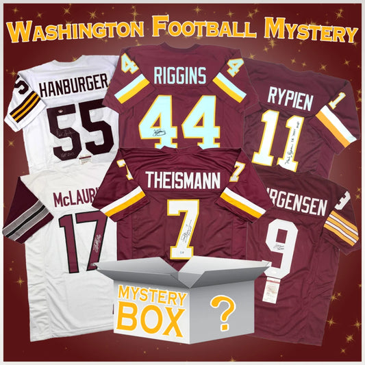 Autographed Washington football jerseys in maroon and white with gold numbering