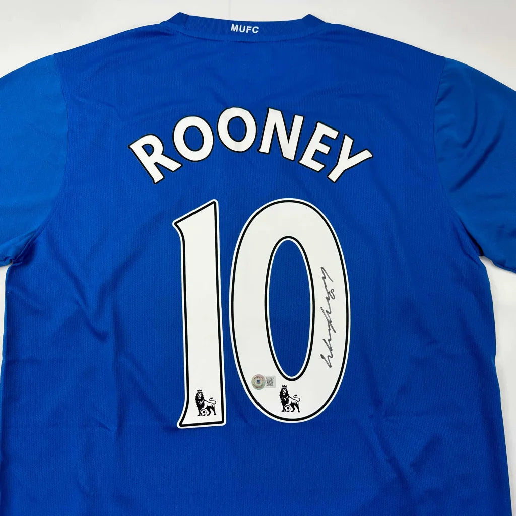 Blue soccer jersey with ROONEY 10 and third party authentication for authenticity