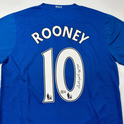 Blue soccer jersey with ROONEY 10 and third party authentication for authenticity