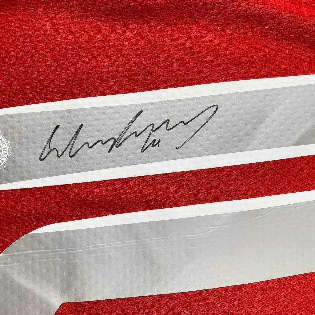 Red fabric with gray and white stripe and black autograph, authentic third party authentication