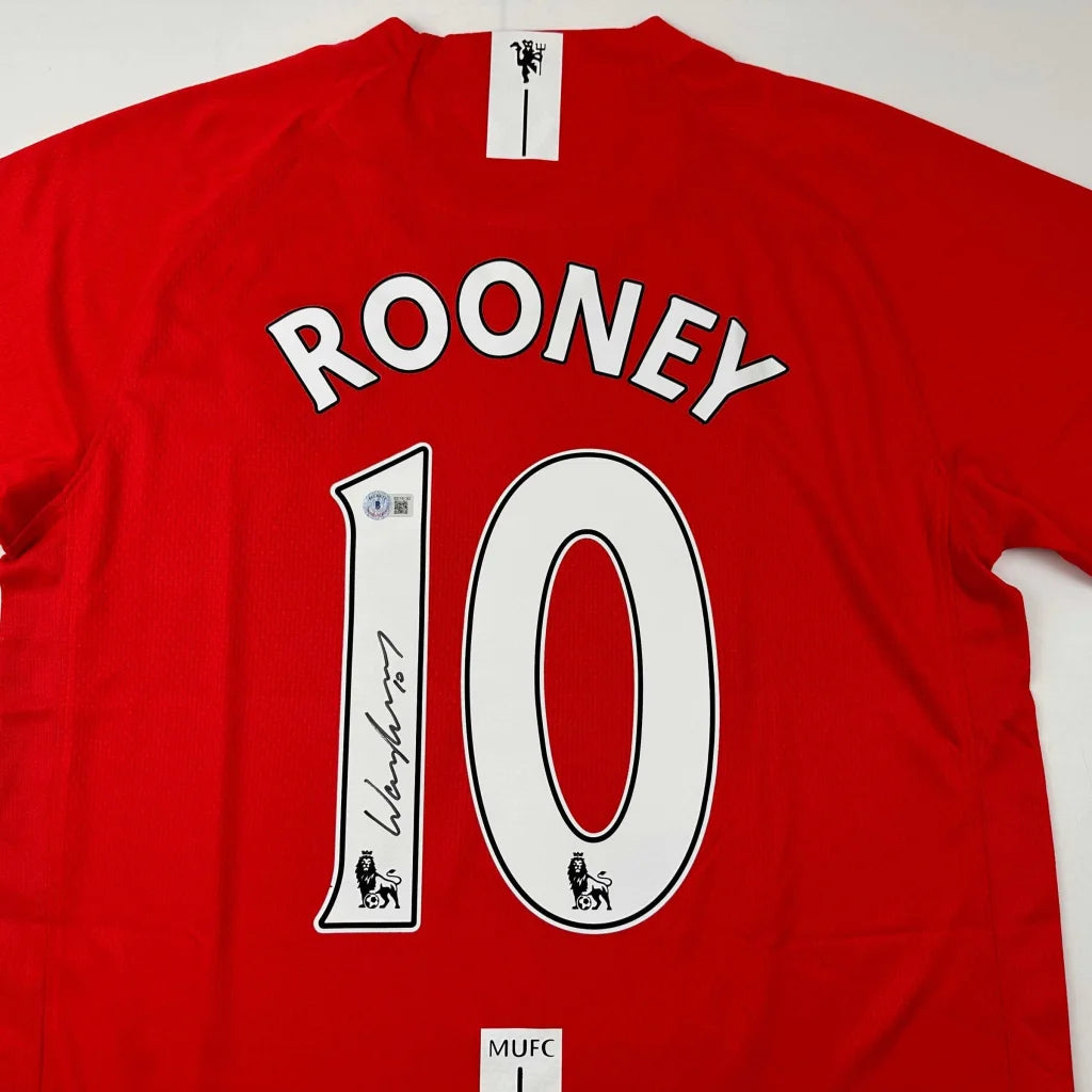 Authentic Rooney 10 signed red soccer jersey with expert verification displayed