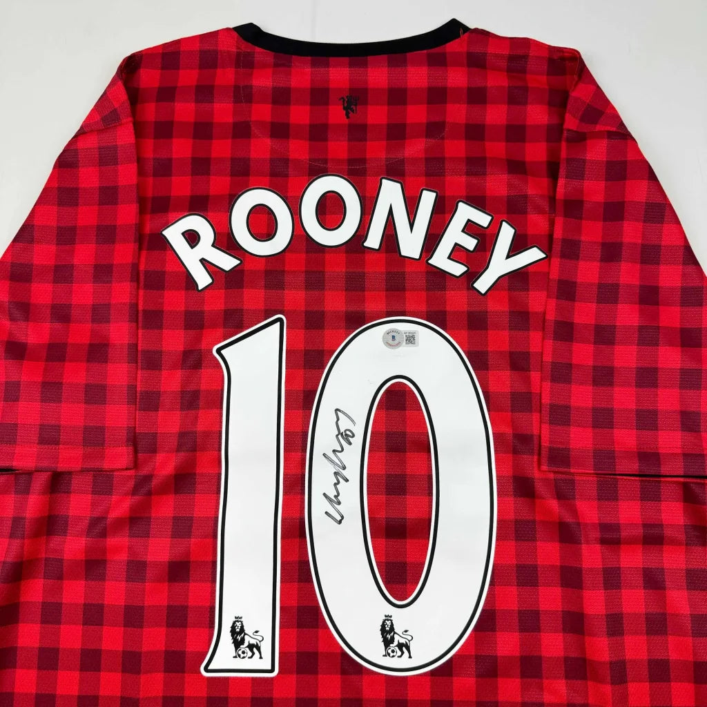 Autographed Wayne Rooney Manchester United Red Checkered Soccer Jersey Beckett BAS COA | Certified Authentic Signed Memorabilia | vintageantiquesgifts.com