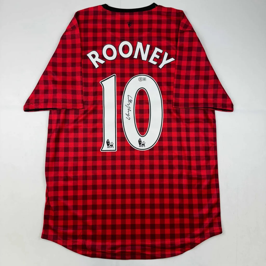 Autographed Wayne Rooney Manchester United Red Checkered Soccer Jersey Beckett BAS COA | Hall of Fame Sports Memorabilia | vintageantiquesgifts.com