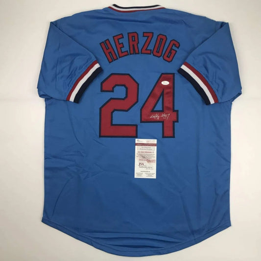 Autographed light blue custom jersey from Professional Sports League with Herzog and number 24