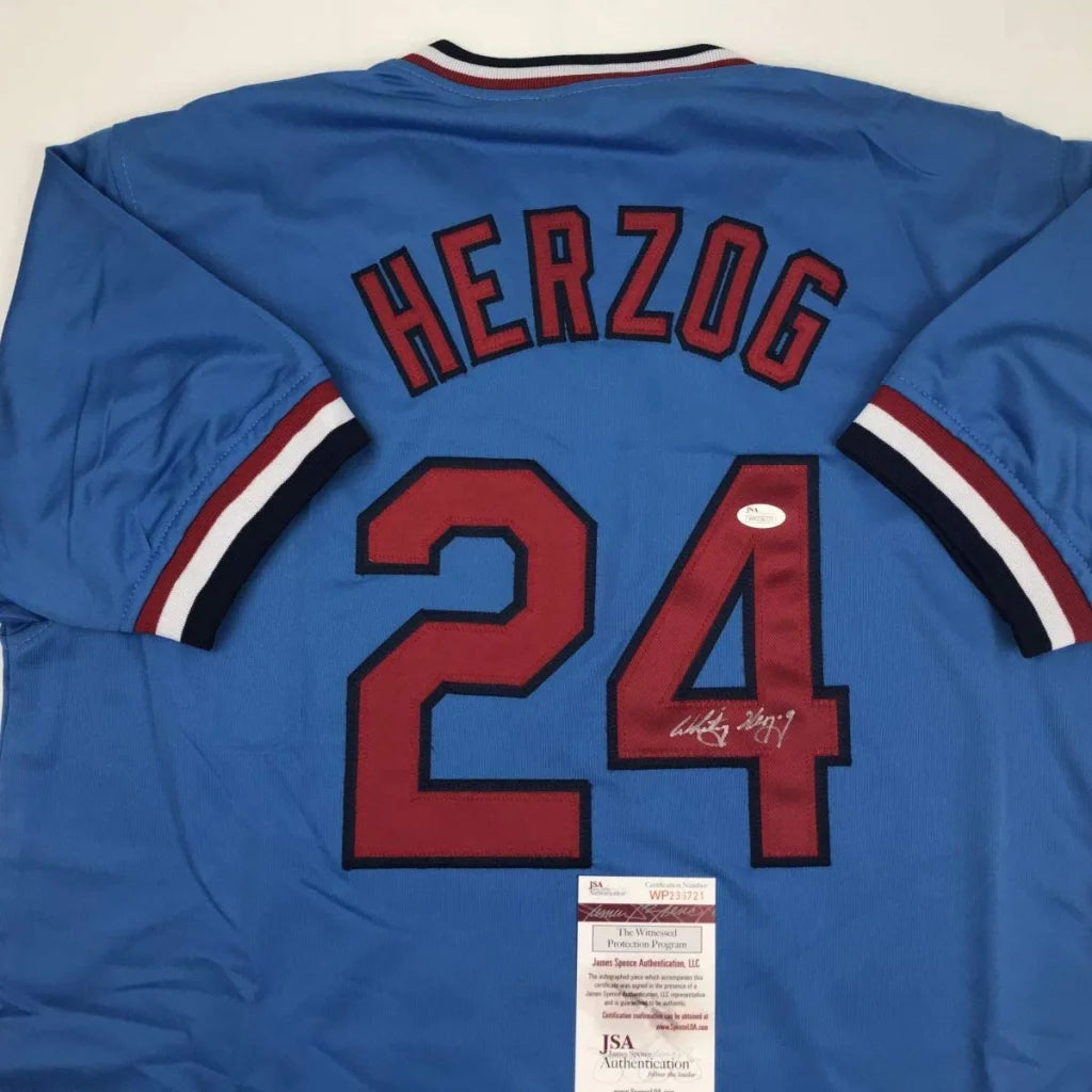 Light blue custom jersey from Professional Sports League with Herzog autograph and JSA sticker