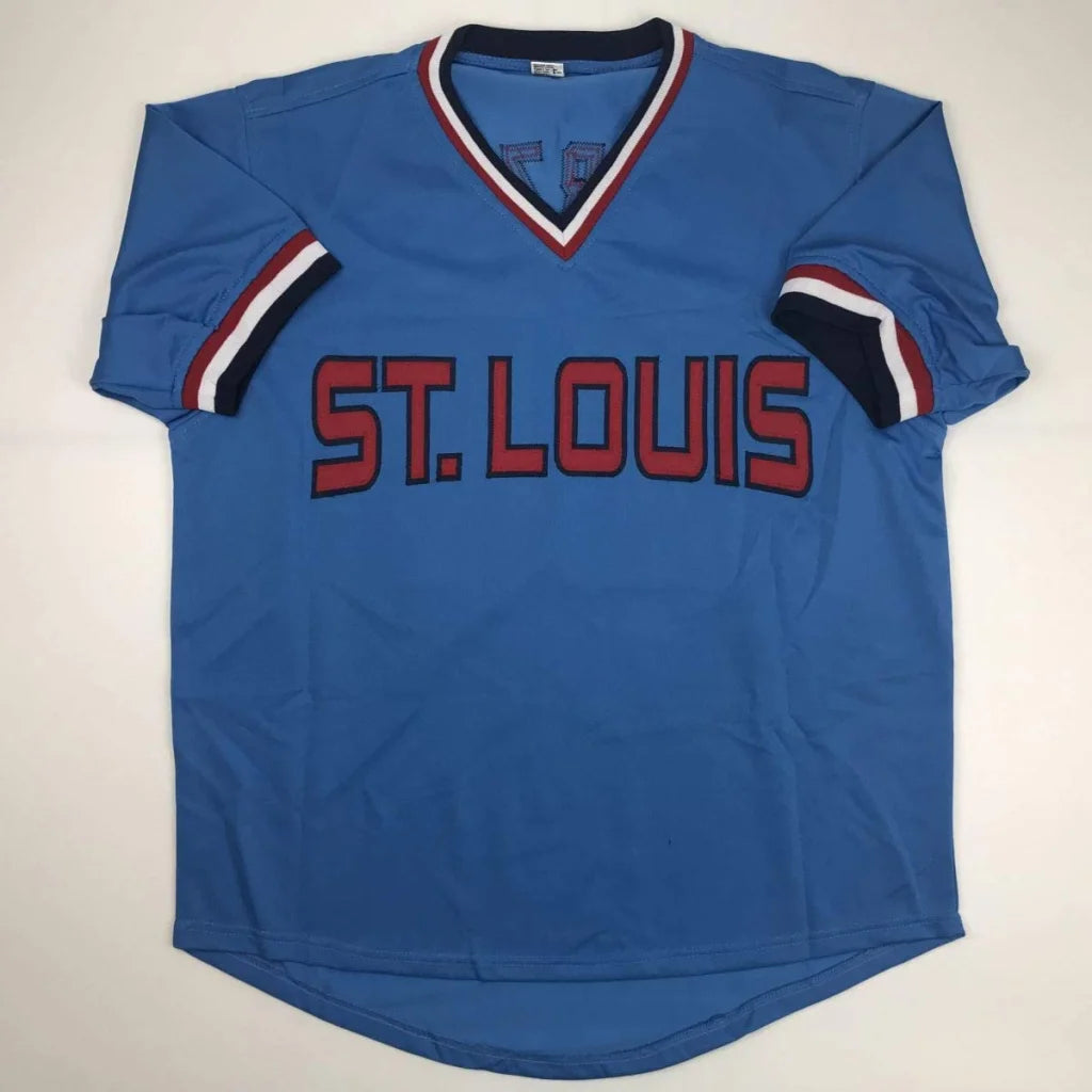 Blue short-sleeved V-neck jersey with ST. LOUIS in red, part of authentic professional sports league custom jerseys